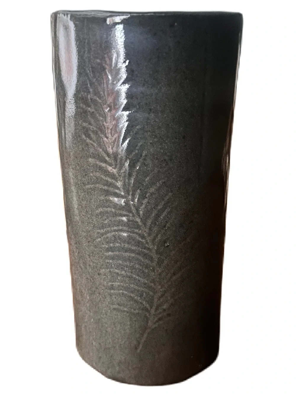 Studio Pottery Vase Stoneware Cylindrical Botanical Vessel MD Maker Mark